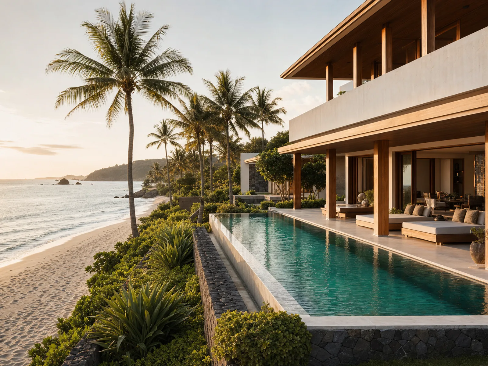Luxury oceanfront villa with white sand beach and premium architecture in South Lombok, a beachfront investment opportunity at golden hour