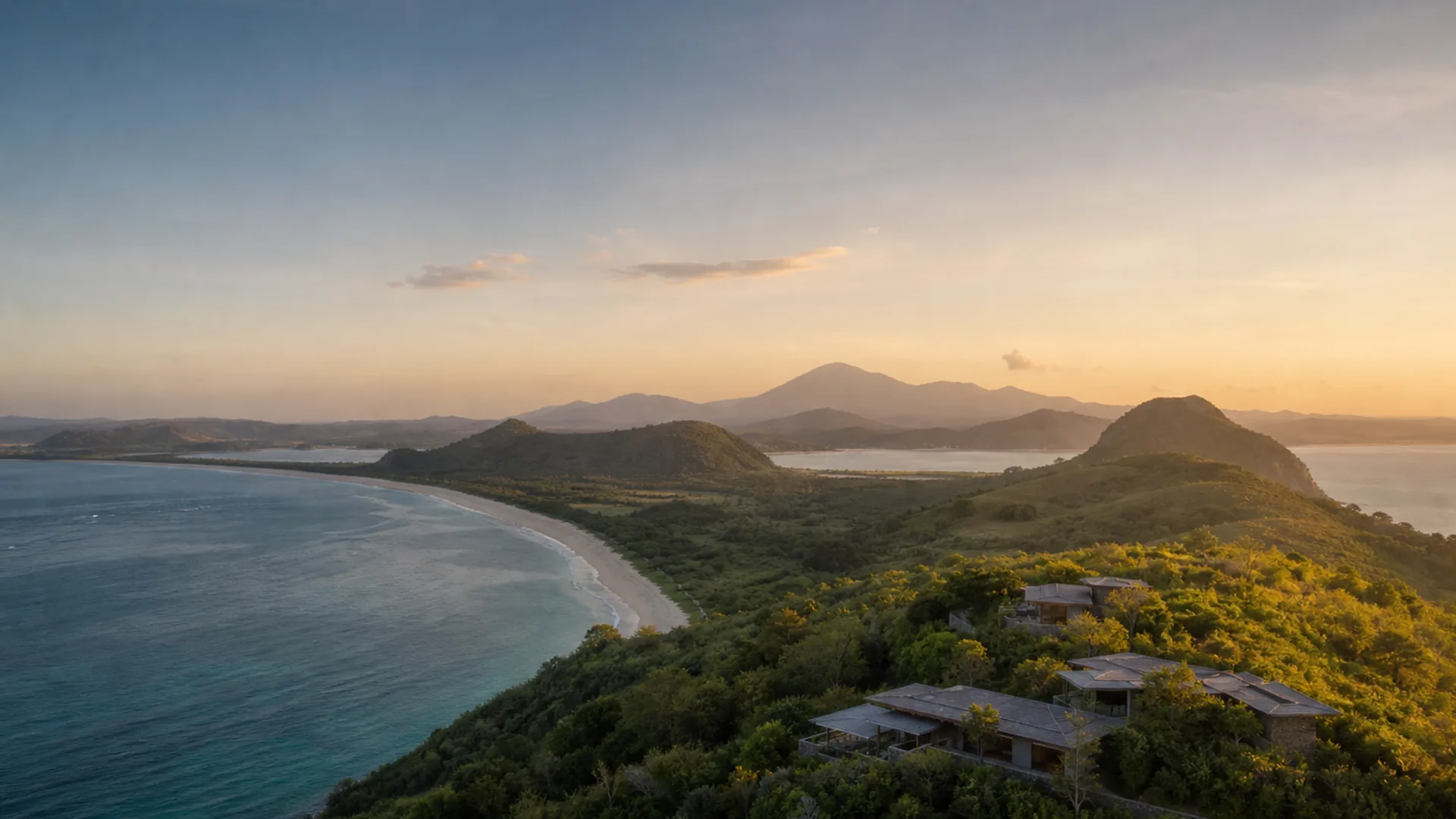 Aerial golden hour view of South Lombok coastline, Selong Belanak, Tampah Hills and turquoise ocean, representing an emerging property investment corridor