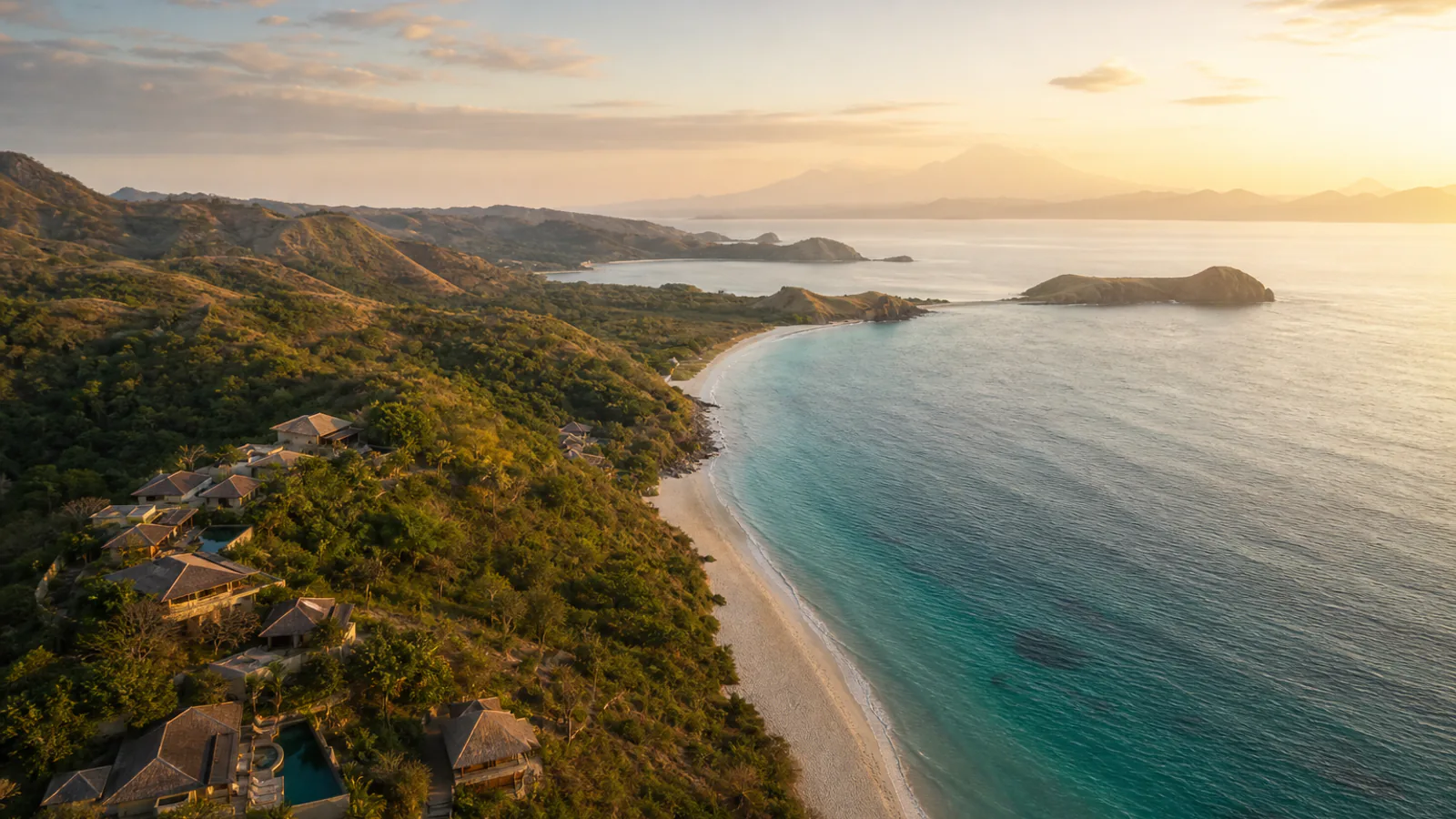 Golden hour aerial view of South Lombok coastline at Selong Belanak with crystal clear ocean, boutique villas and rolling Tampah Hills, an emerging investment corridor