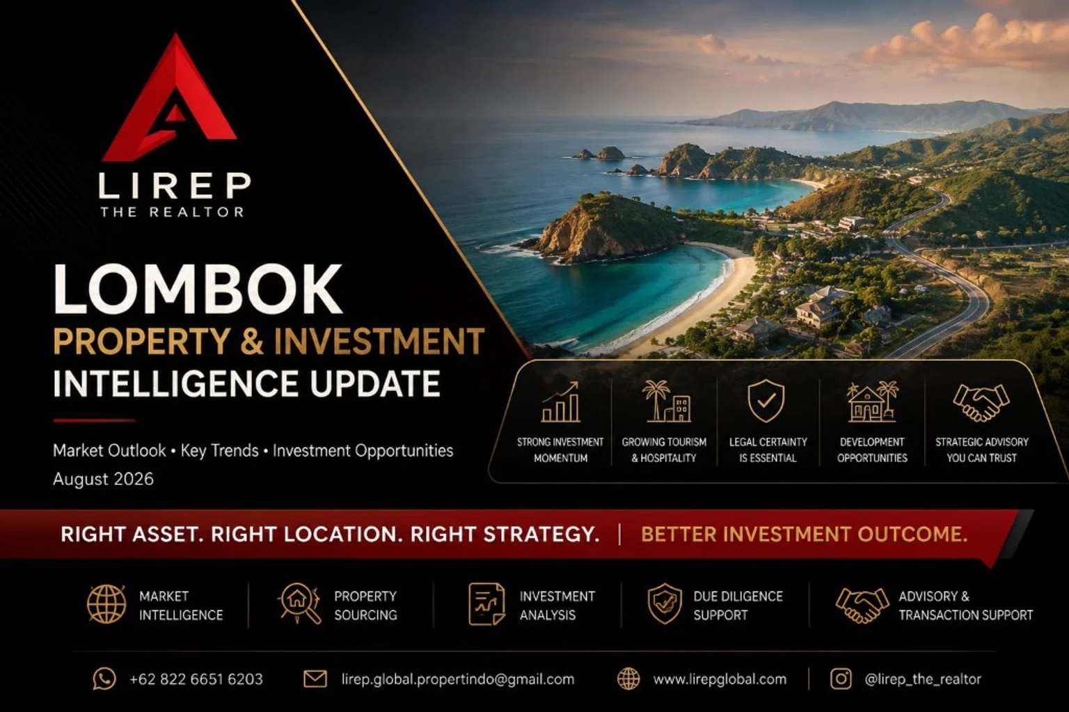 LIREP Lombok Property & Investment Intelligence Update August 2026 market outlook banner with South Lombok coastline