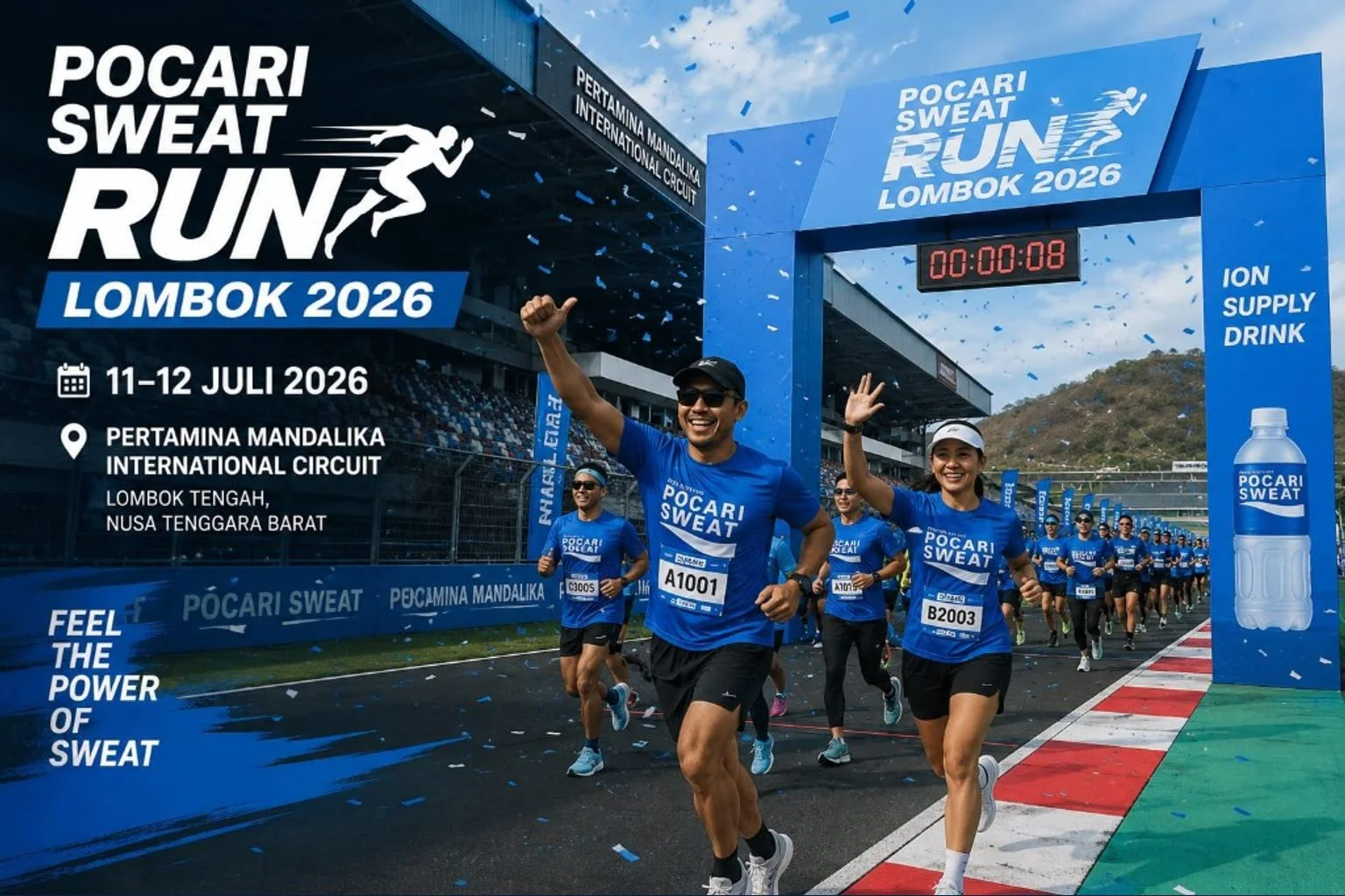 POCARI SWEAT Run Lombok 2026 at Pertamina Mandalika International Circuit with runners crossing the finish arch
